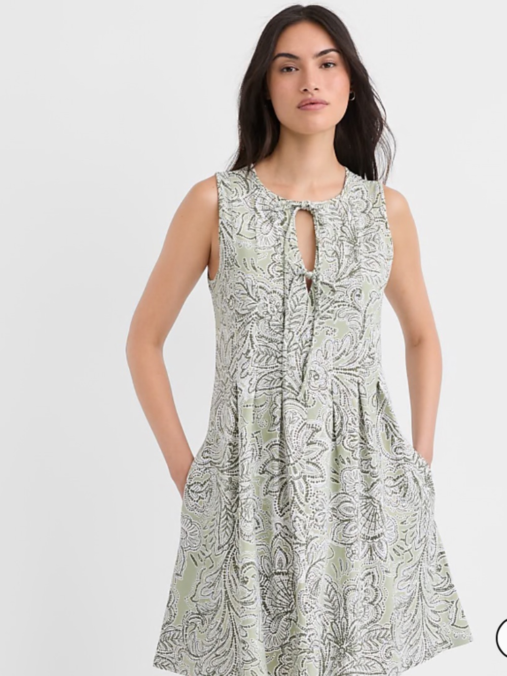 LOFT pintucked bow Light Green Paisley Tie-Neck Mini Dress